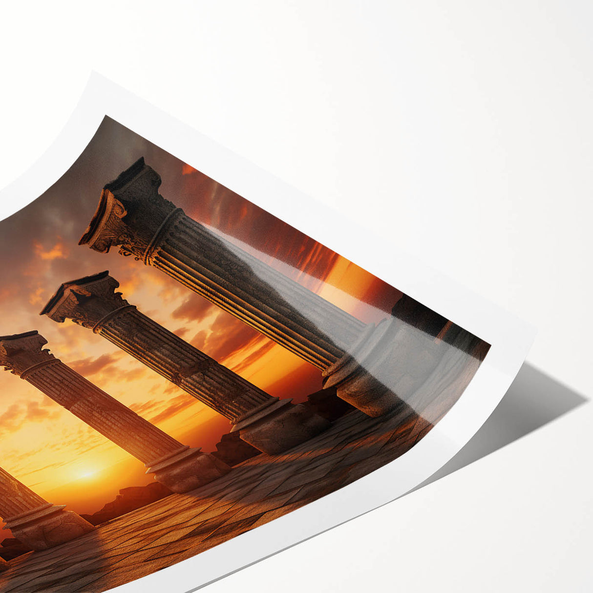 Art deco poster of ancient ruins in muted beige and gray, printed on rolled canvas, suitable for dining room wall art.