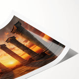 Art deco poster of ancient ruins in muted beige and gray, printed on rolled canvas, suitable for dining room wall art.