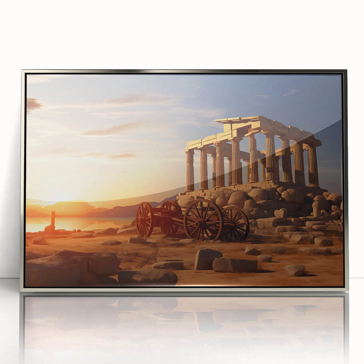 Mid-century modernist art of ancient ruins in muted earth tones on a silver-framed acrylic, ideal for modern art wall decor.