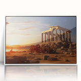 Framed acrylic print of ancient ruins in art deco style, using muted beige and cream tones, ideal for modern art wall decor.