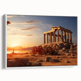 Vintage poster art of ancient ruins in muted earth tones on a framed canvas, ideal for living room decor.