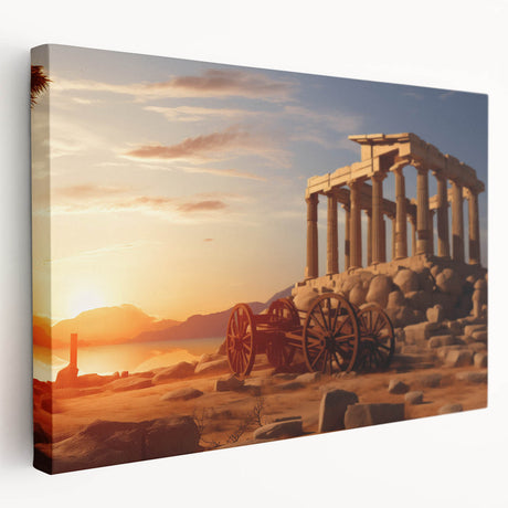 Side view of a stretched canvas featuring a detailed print of ancient ruins in muted earth tones, ideal for kitchen wall art.