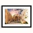 Extra large, textured abstract art print depicting colorful ancient ruins, framed in black, suitable for living room decor.