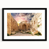 Extra large, textured abstract art print depicting colorful ancient ruins, framed in black, suitable for living room decor.
