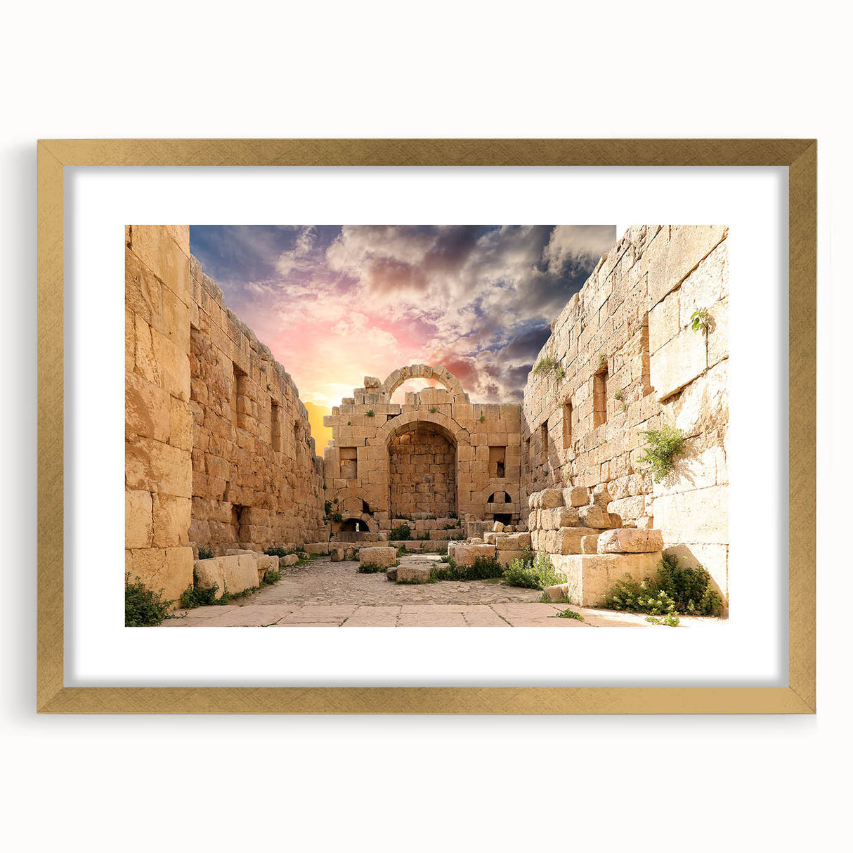 Abstract art print of ancient ruins in muted earth tones on a framed canvas, suitable for dining room decor.