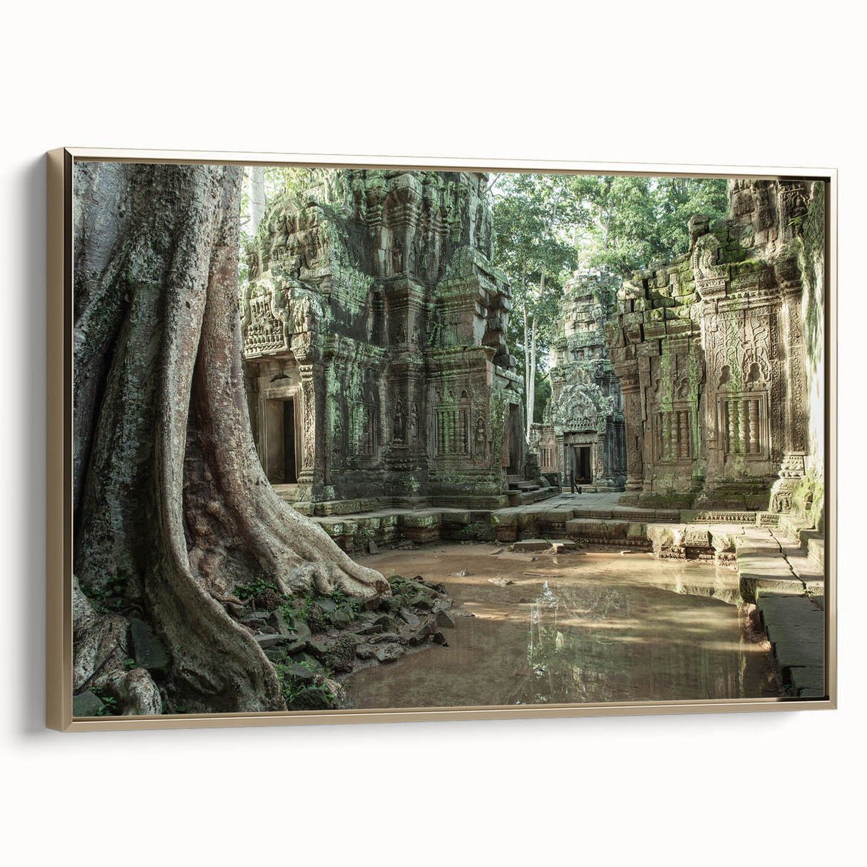 Framed canvas of ancient ruins in black and gold, ideal for bedroom wall art, vintage poster style.
