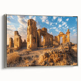 Framed canvas depicting ancient ruins in a landscape, with muted earth tones, ideal for adding a vintage touch to a study.