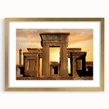 Abstract art print of ancient ruins in muted earth tones on a framed canvas, suitable for dining room decor.
