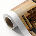 Art deco poster of ancient ruins in muted earth tones on rolled canvas, ideal for nursery wall art or dining room.