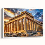 Framed canvas of vintage poster art depicting ancient ruins in colorful art style, ideal for living room decor.