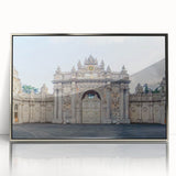 Mid-century modernist acrylic print of ancient ruins in silver frame, suited for nursery or modern decor.