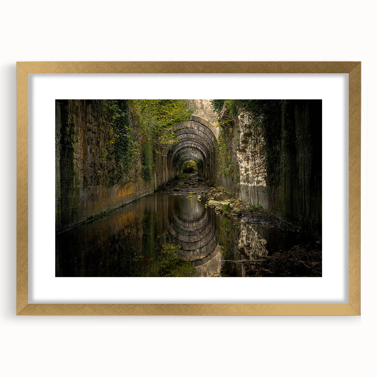 Extra large wall art featuring abstract art prints of ancient ruins in gold textured frame, suitable for living room decor.