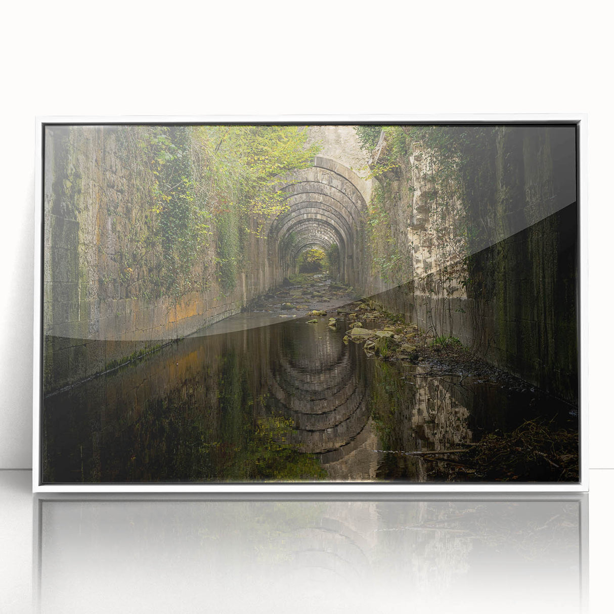 Art deco poster of ancient ruins in muted earth tones on a framed acrylic.