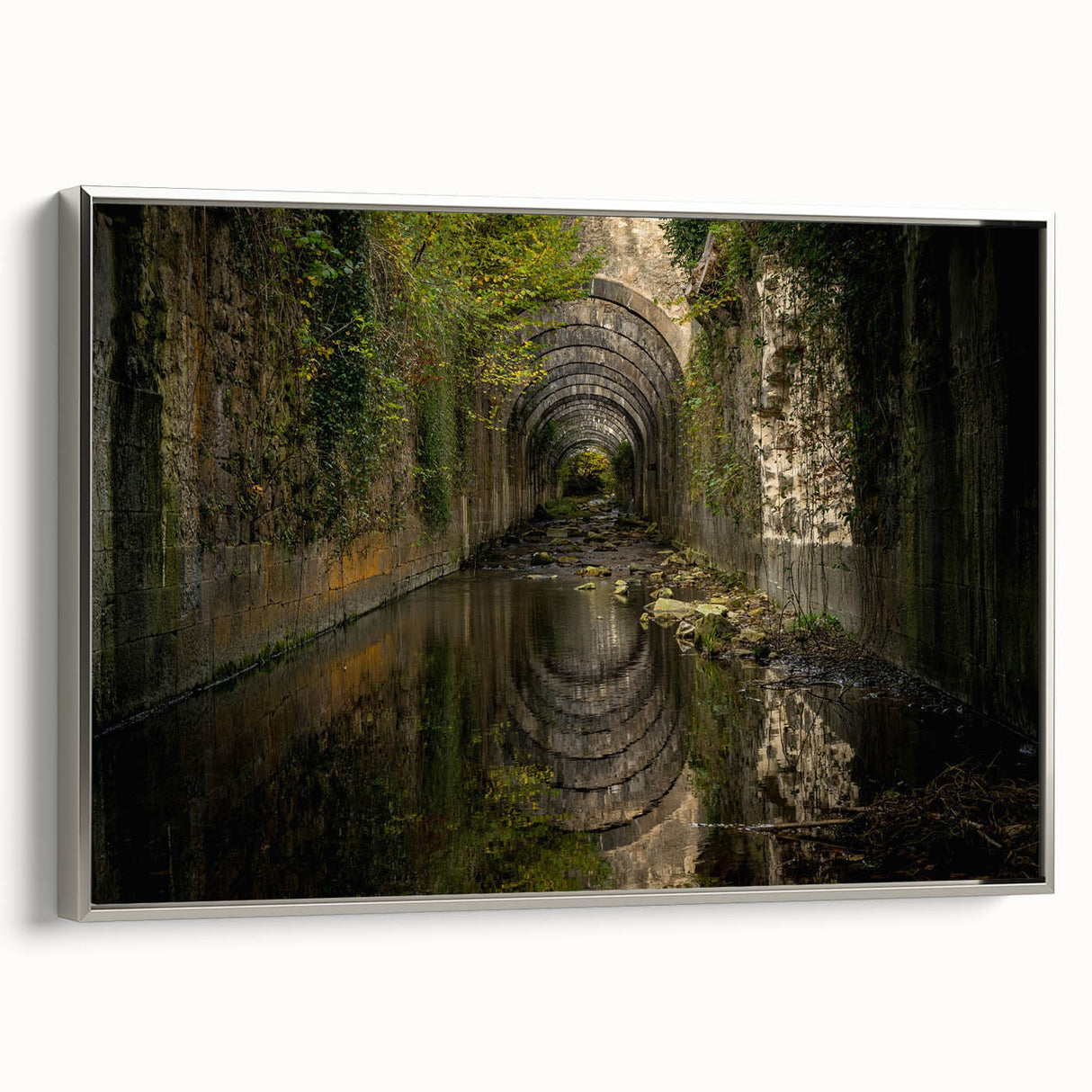 Vintage poster art of ancient ruins in black and gray tones, framed canvas, suitable for bedroom wall art.