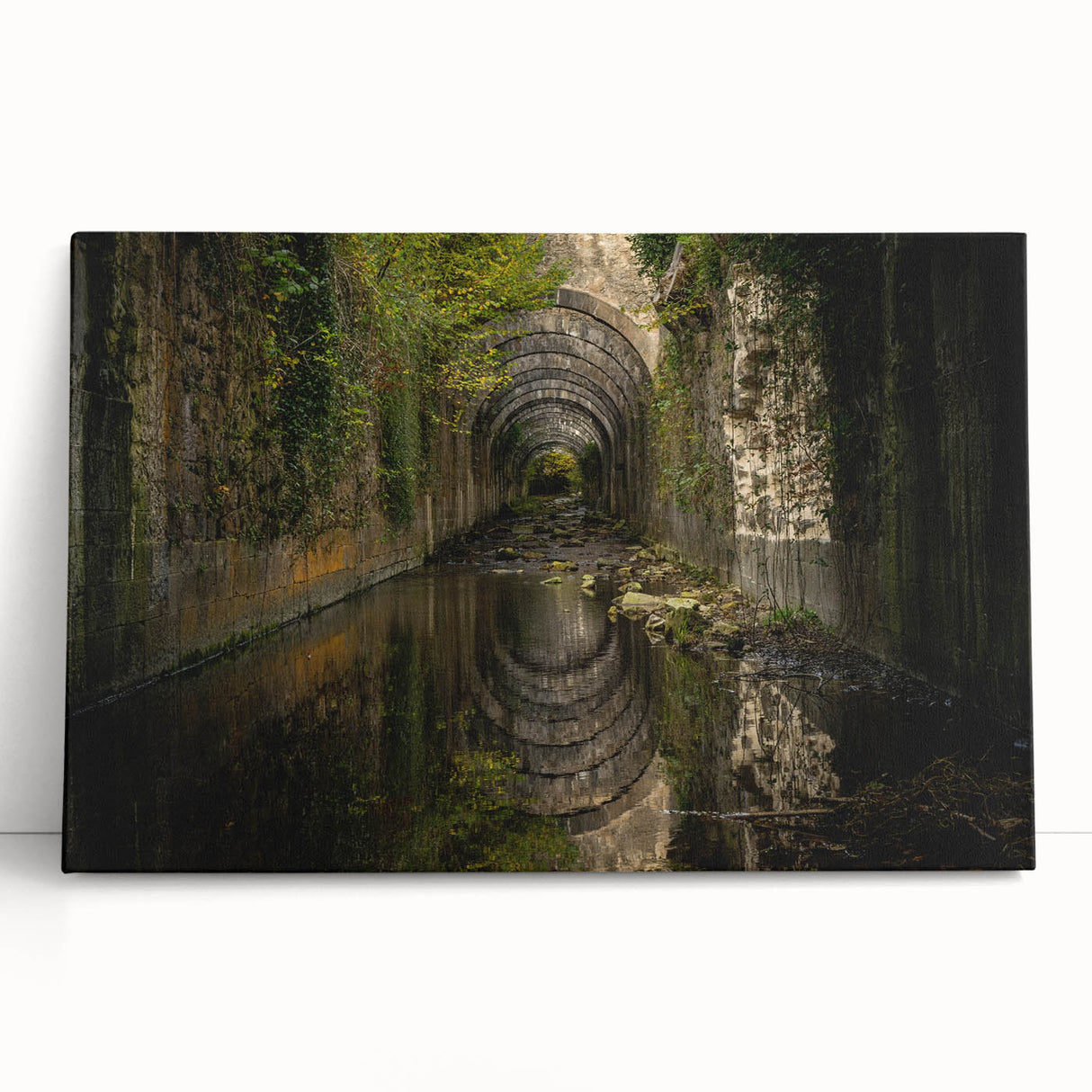 Black and white print of ancient ruins on stretched canvas, suitable as large art for kitchen or bedroom.
