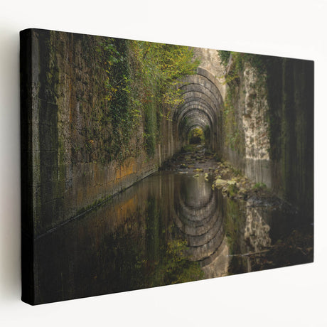 Side view of a stretched canvas featuring ancient ruins architecture in earthy tones, suitable for kitchen wall art.