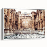 Vintage poster art of ancient ruins in muted earth tones on a large framed canvas, ideal for living room decor.