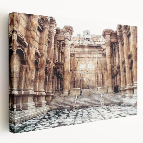 Side view of a stretched canvas featuring ancient ruins in muted earth tones, suitable for kitchen wall art.