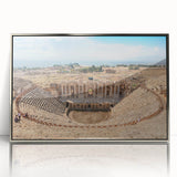 Mid-century modernist art depicting ancient ruins in muted earth tones on a framed acrylic print.