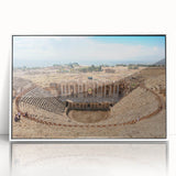 Art deco poster of ancient ruins in muted beige and ivory, acrylic print in a white frame.