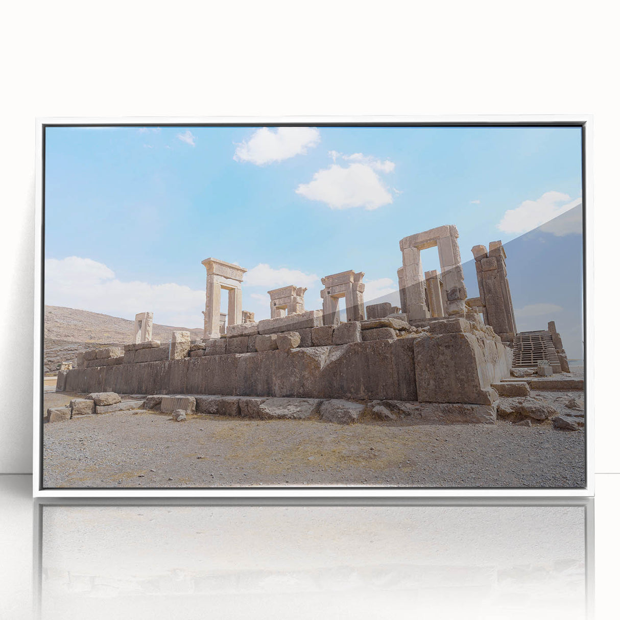 Art deco poster of ancient ruins in muted gray, acrylic print framed in white, suitable for modern nursery decor.