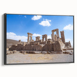 Black and white wall art featuring ancient ruins in a vintage poster style on framed canvas, ideal for bedroom decor.