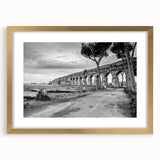 Abstract art print featuring geometric arches in muted gold and white tones, framed in gold.