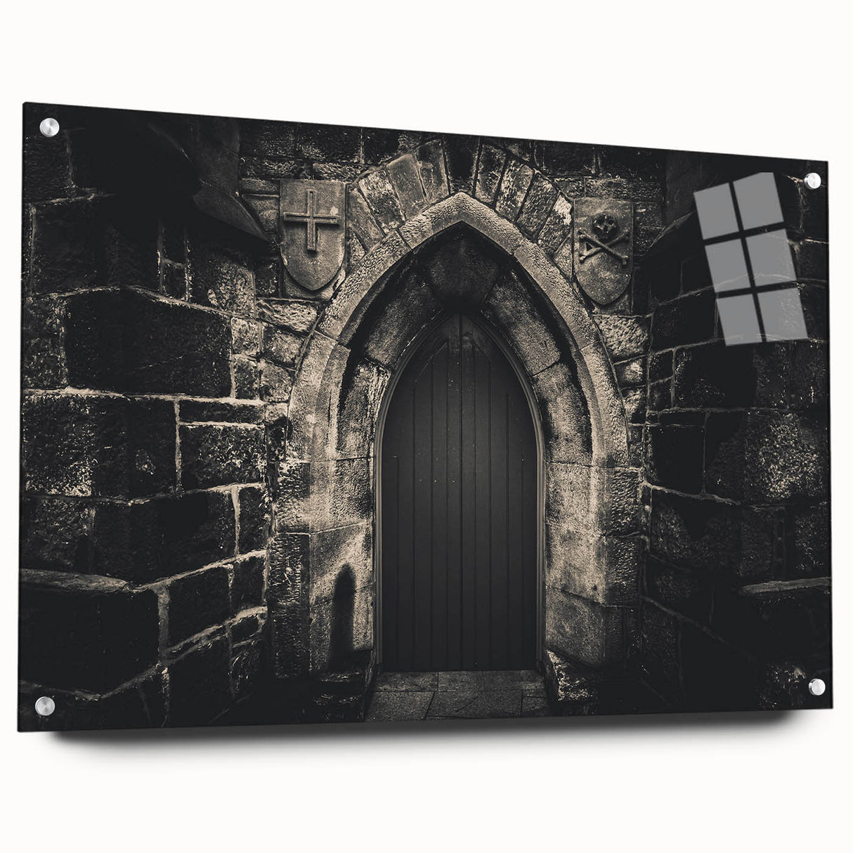 Large abstract wall art featuring overlapping arches in neutral tones on acrylic glass.