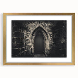 Abstract art print featuring geometric arches in gold and black, framed with mat, ideal for dining room decor.
