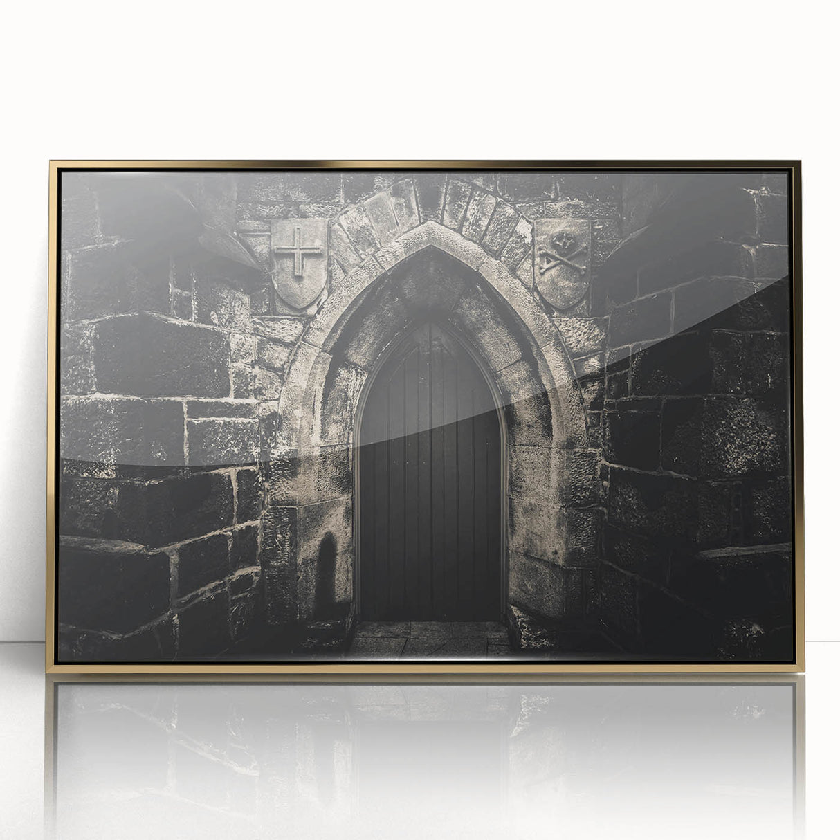 Mid-century modernist art featuring architectural arches in gold and black tones on a framed acrylic.