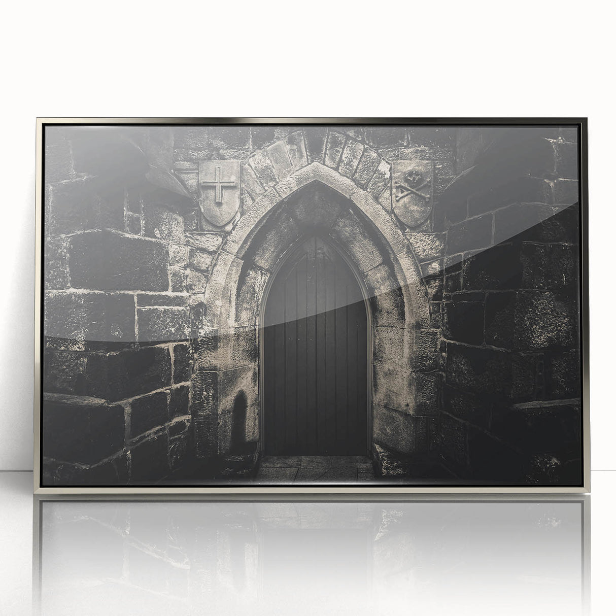 Art deco poster featuring silver arches in a minimalist style, printed on framed acrylic.