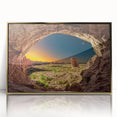 Mid-century modernist art featuring arches in muted gold and cream tones on a framed acrylic.
