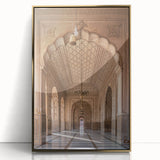 Mid-century modernist arch design in gold and white tones on a framed acrylic, ideal for nursery wall art.