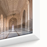 Extra large framed canvas featuring a close-up of black textured arches with colorful art accents.