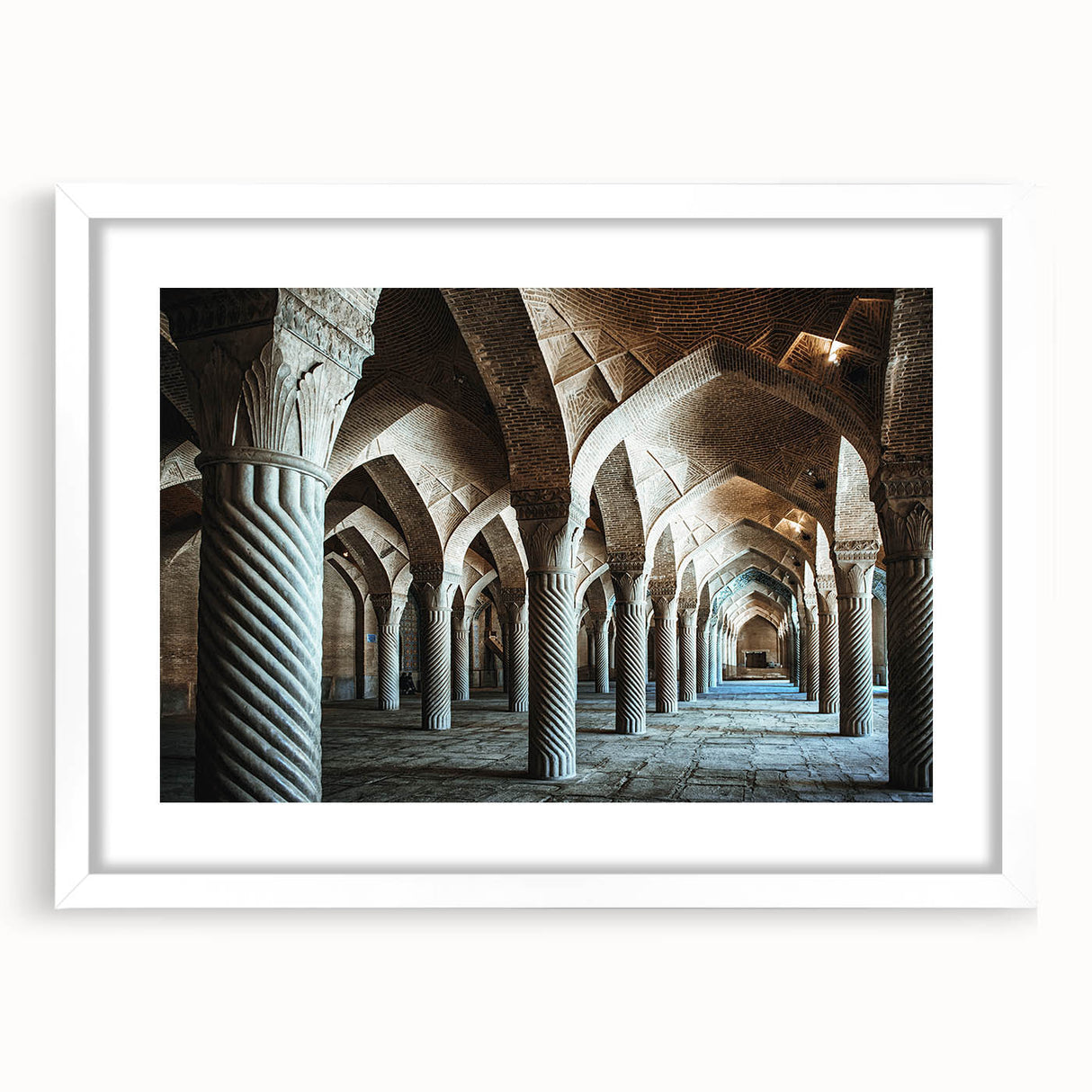 Extra large abstract art print featuring textured arches in neutral tones, framed with a white mat.