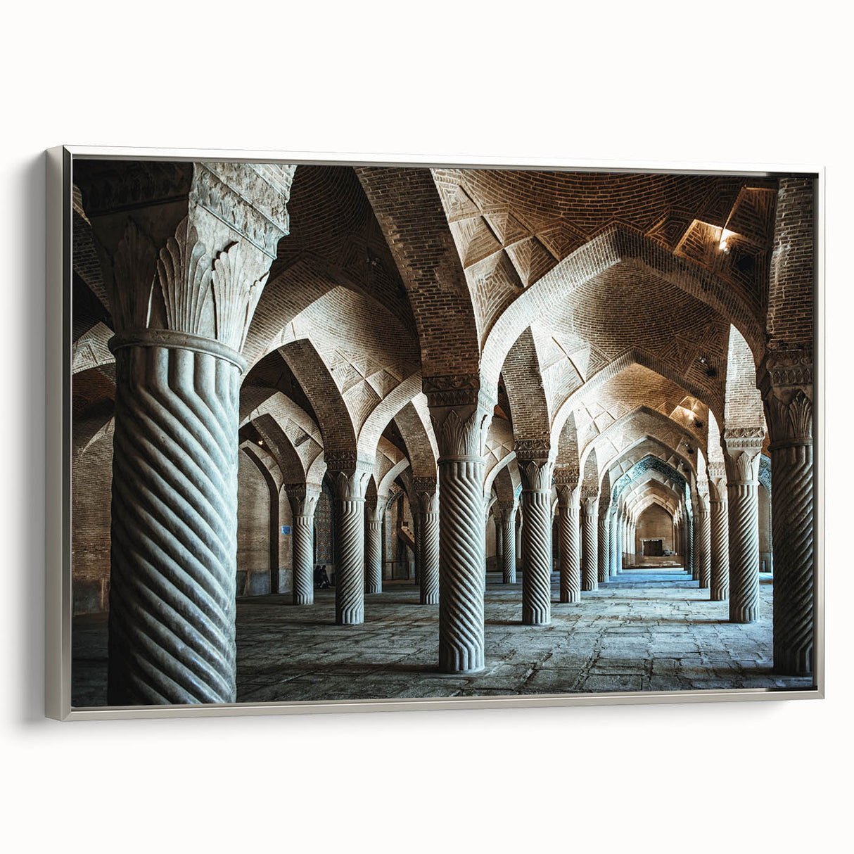 Landscape art painting of colorful arches in black frame, vintage poster style, ideal for living room decor.