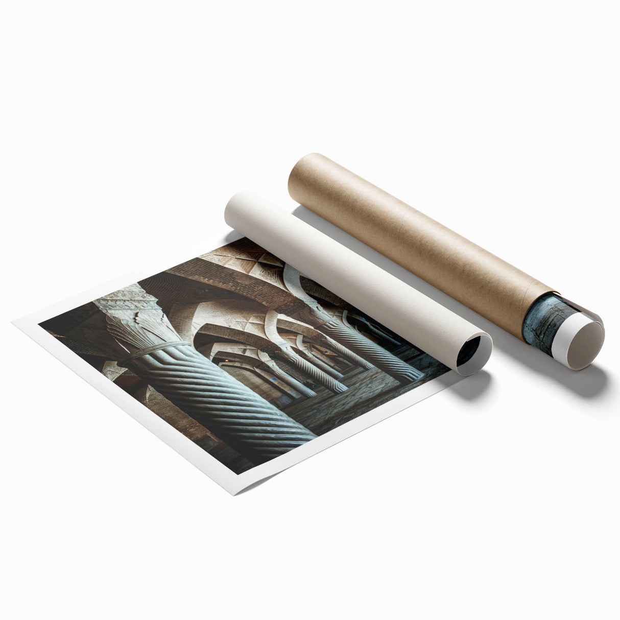 Extra large rolled print of architectural arches in muted beige and white, ideal for classy bathroom decor.