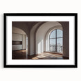 Abstract art print featuring colorful, textured arch designs on a large black-framed canvas, ideal for living room decor.