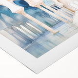 Art deco poster featuring symmetric arch designs in muted gold and beige on rolled canvas, suitable for dining room decor.