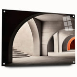 Large abstract wall art of overlapping arches in muted earth tones on acrylic glass.
