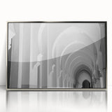 Mid-century modernist art featuring silver arches on framed acrylic, ideal for nursery wall decor.