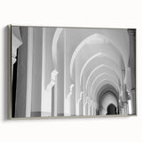 Black and white vintage poster art of architectural arches on framed canvas, suitable for bedroom wall decor.