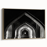 Framed canvas featuring a vintage poster art of black architectural arches, ideal for bedroom wall decor.