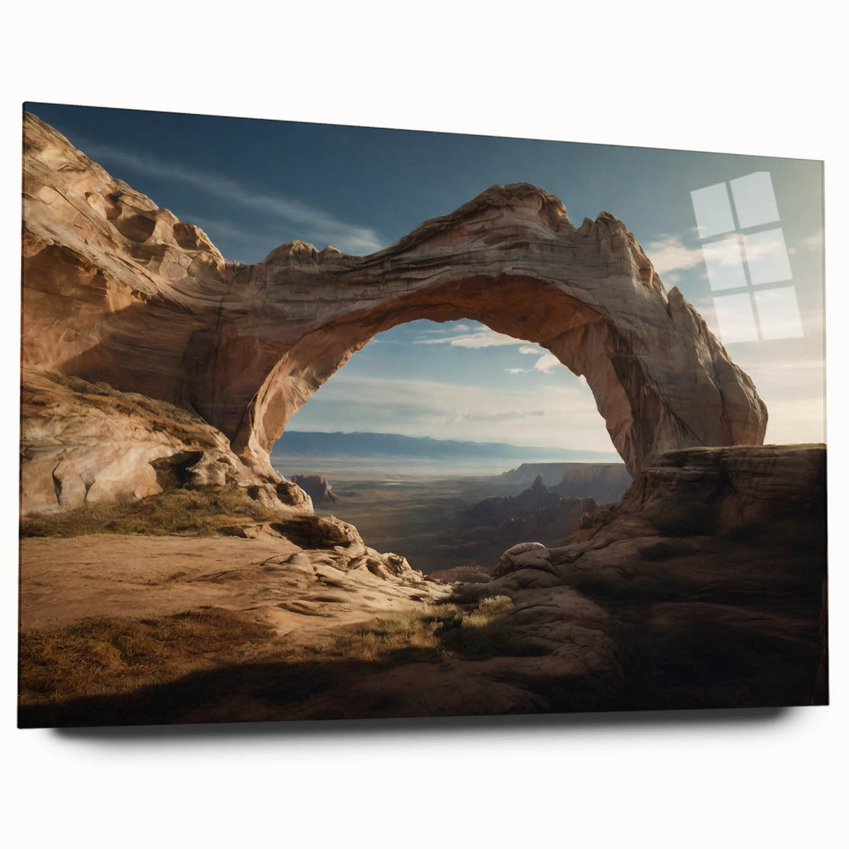 Large abstract wall art on acrylic glass depicting monochrome arches, suitable for bedroom or dining room decor.