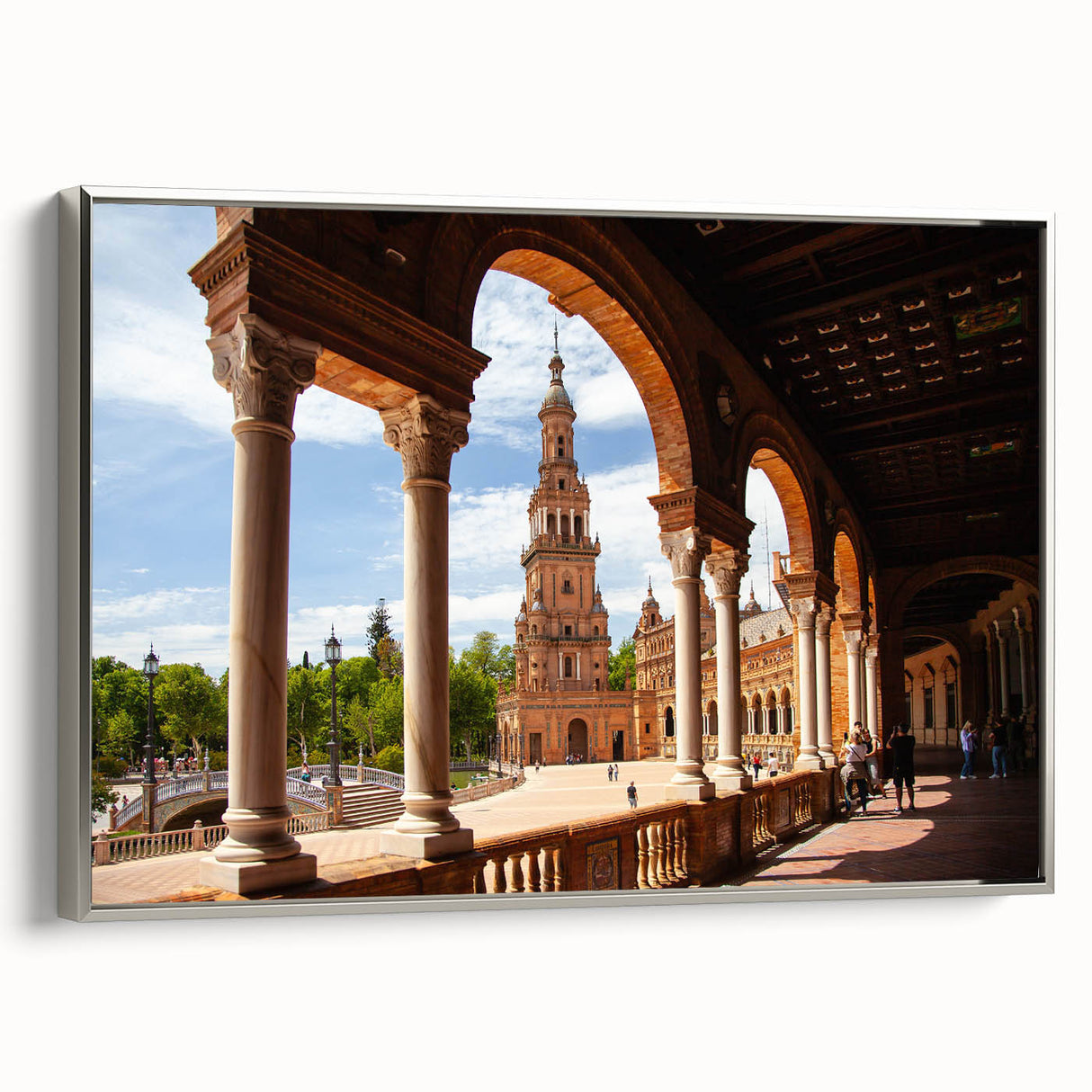 Vintage poster art of architectural arches in black and silver tones on framed canvas, ideal for bedroom wall decor.