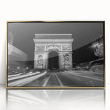 Mid-century modernist art depicting architectural arches in muted gold tones on a framed acrylic.