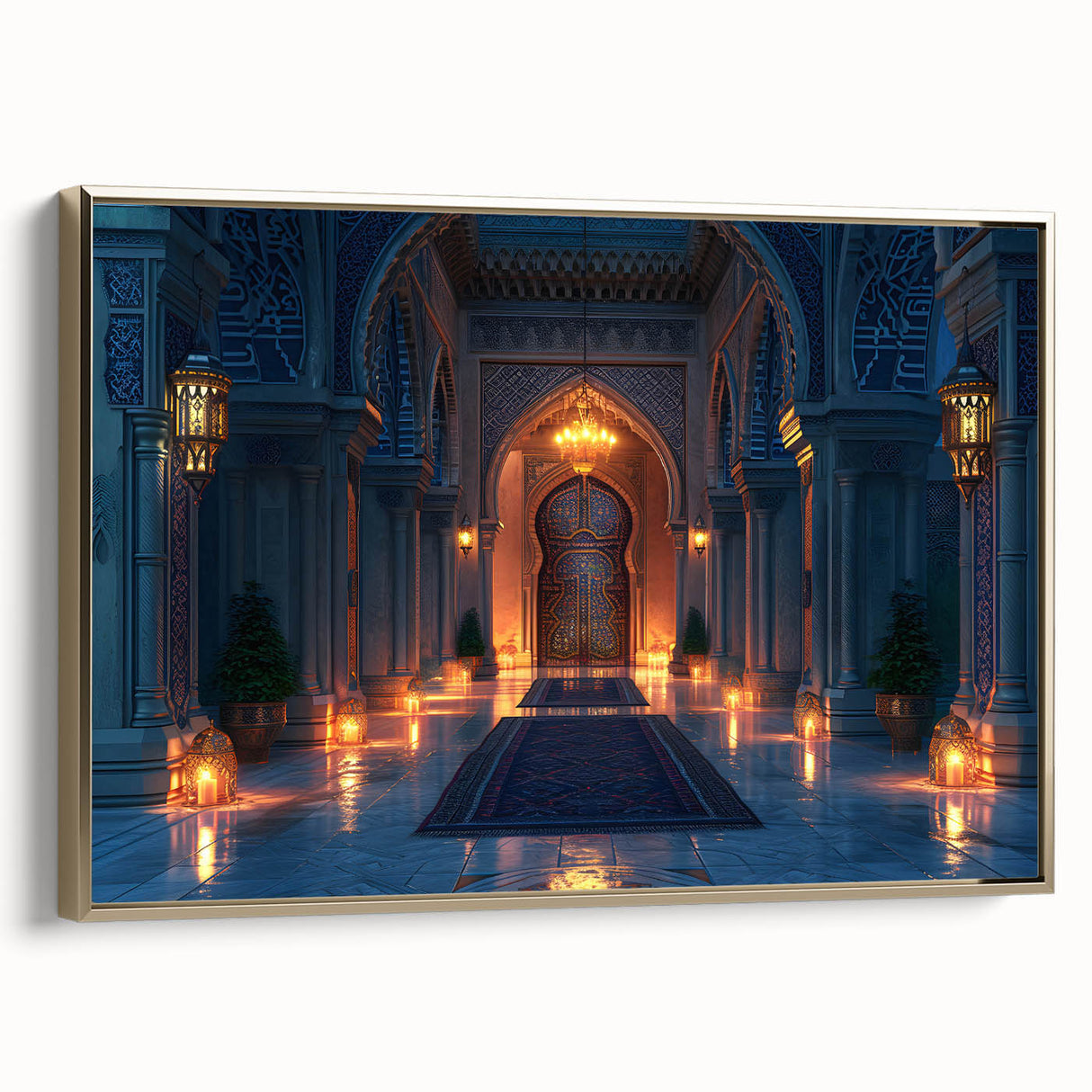 Vintage poster art of architectural arches in black and gold colors on a framed canvas, ideal for living room decor.