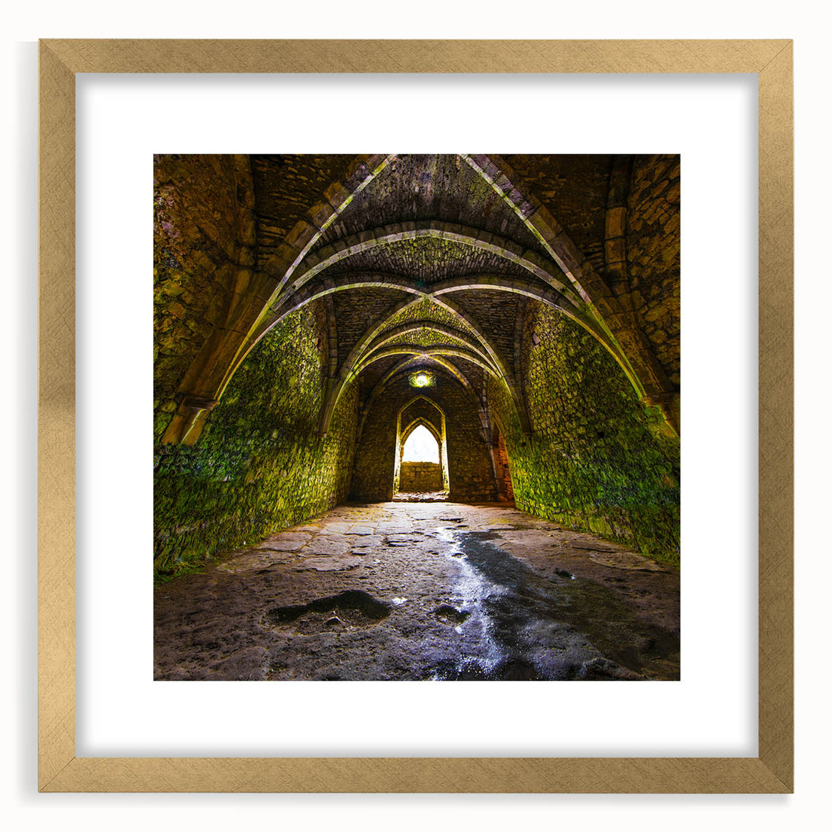 Abstract art print depicting stylized arches in gold and black, framed with mat, suitable for dining room decor.