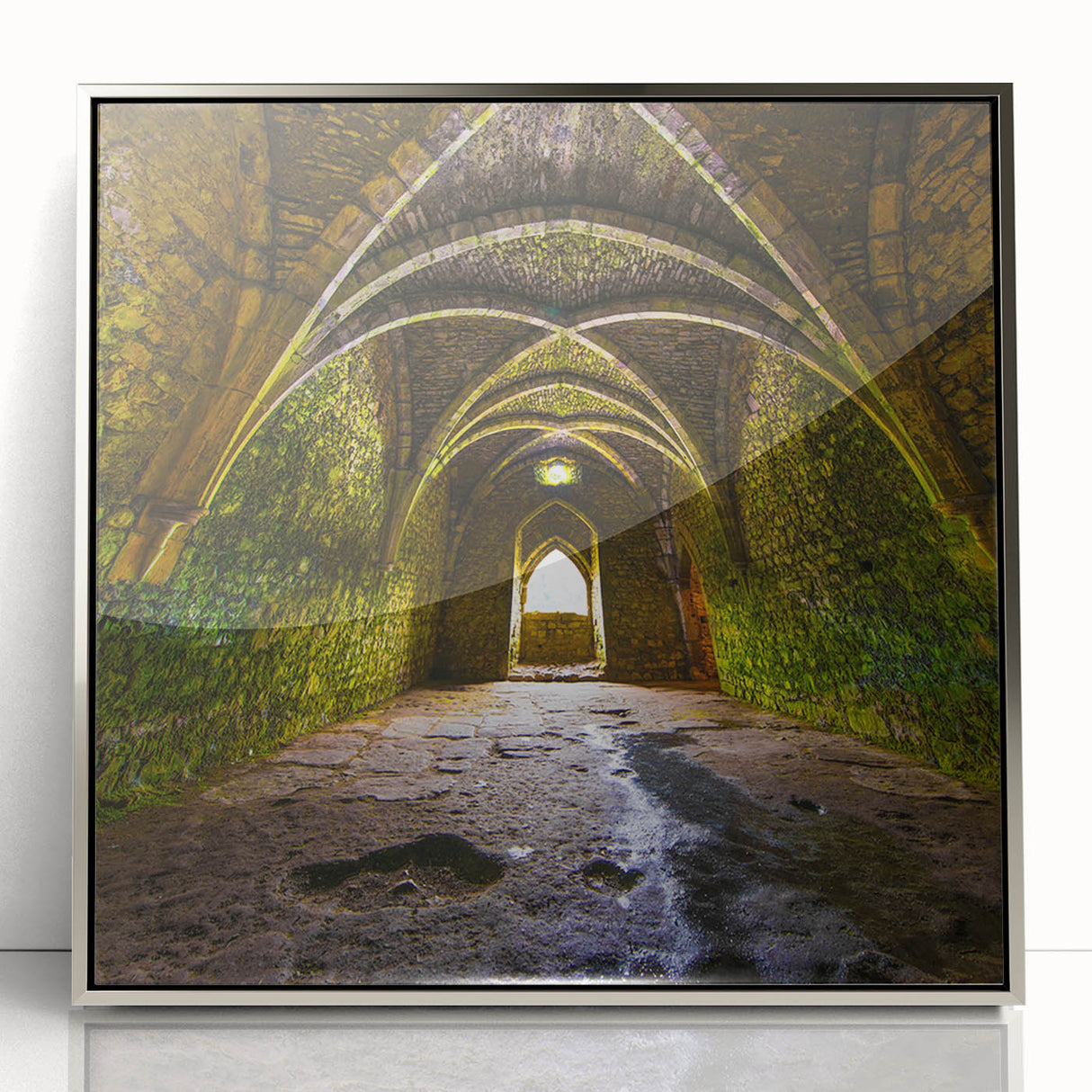 Art deco poster featuring symmetrical arches in silver and gray tones on a framed acrylic, ideal for modern art wall decor.