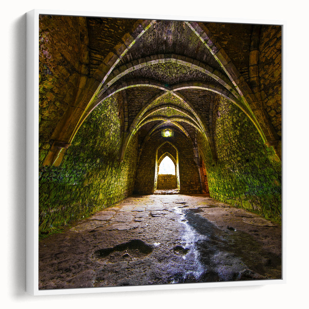 Framed canvas featuring a landscape art painting of colorful vintage arches.